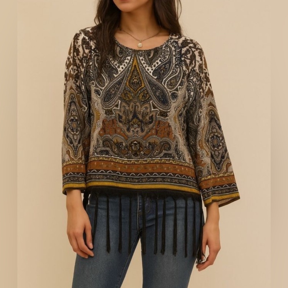Jospeh Ribkoff Fringe Paisley Aztec Striped Blouse Boho Artsy Indie Festival 70s